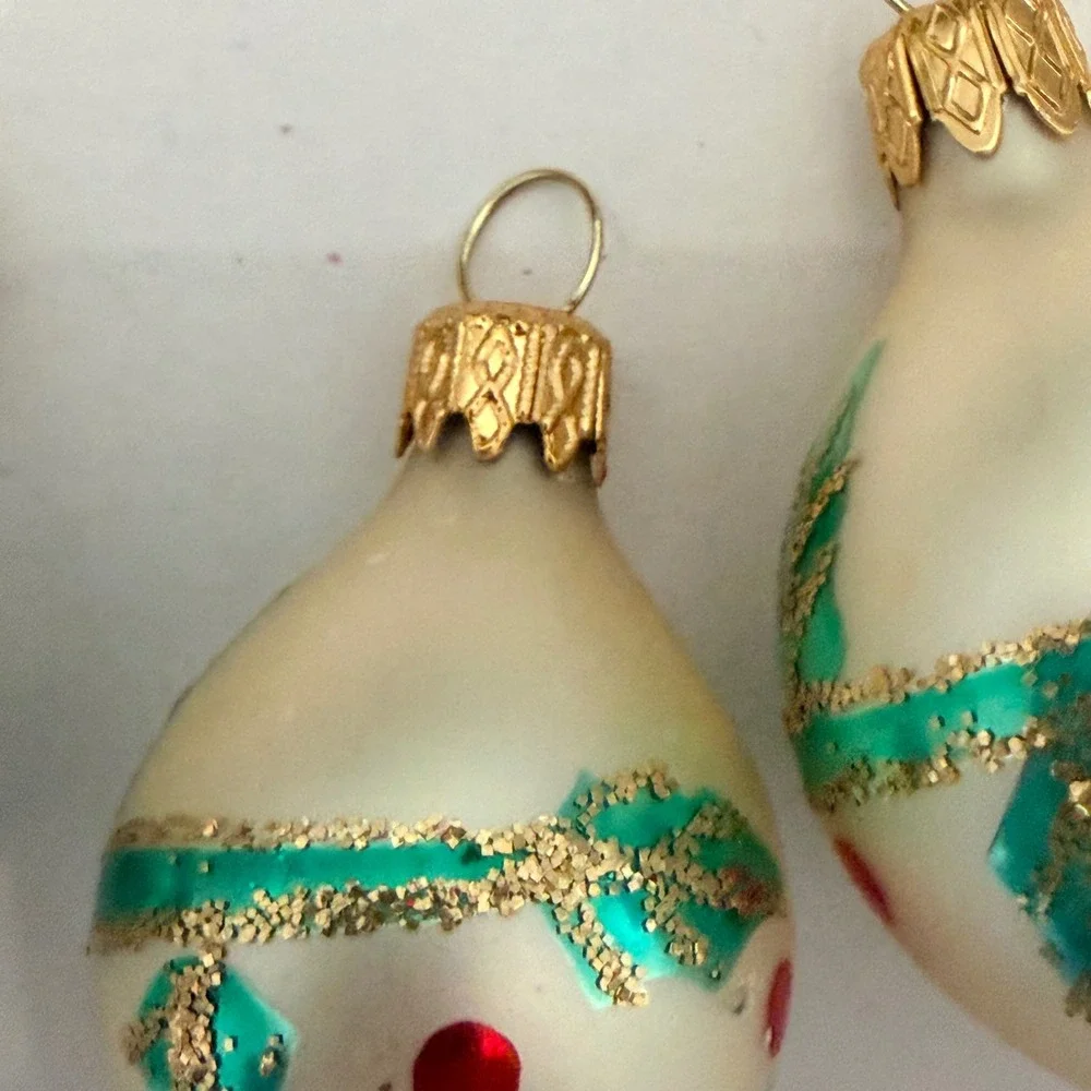 12pc Vintage Glass Christmas Ornaments Champagne Gold Green Holly Teardrop Set
